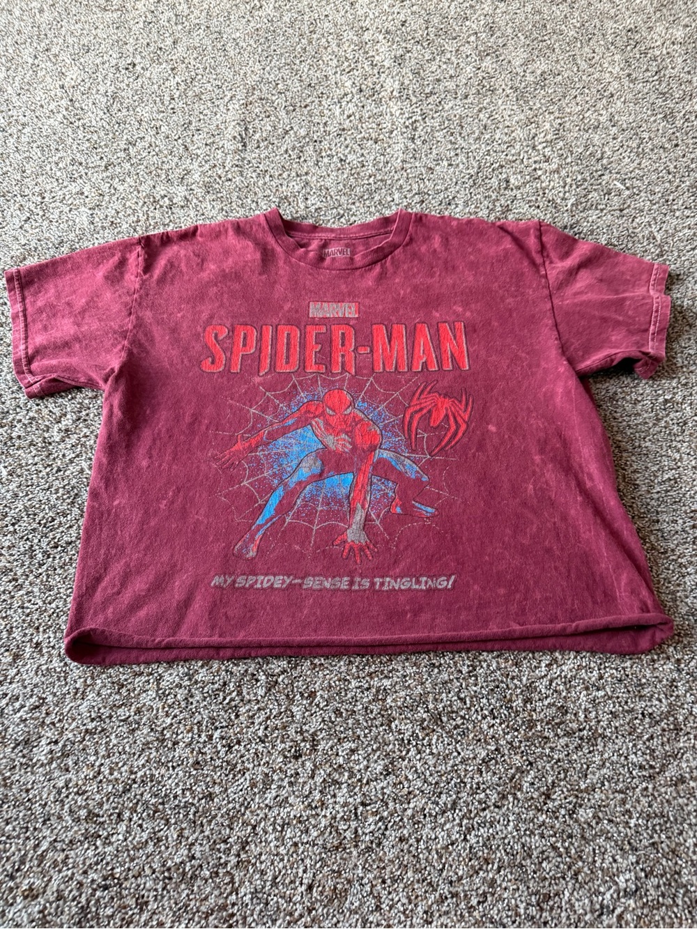 Marvel Spider-Man L Burgundy Acid Wash Oversized Cropped Graphic Tee